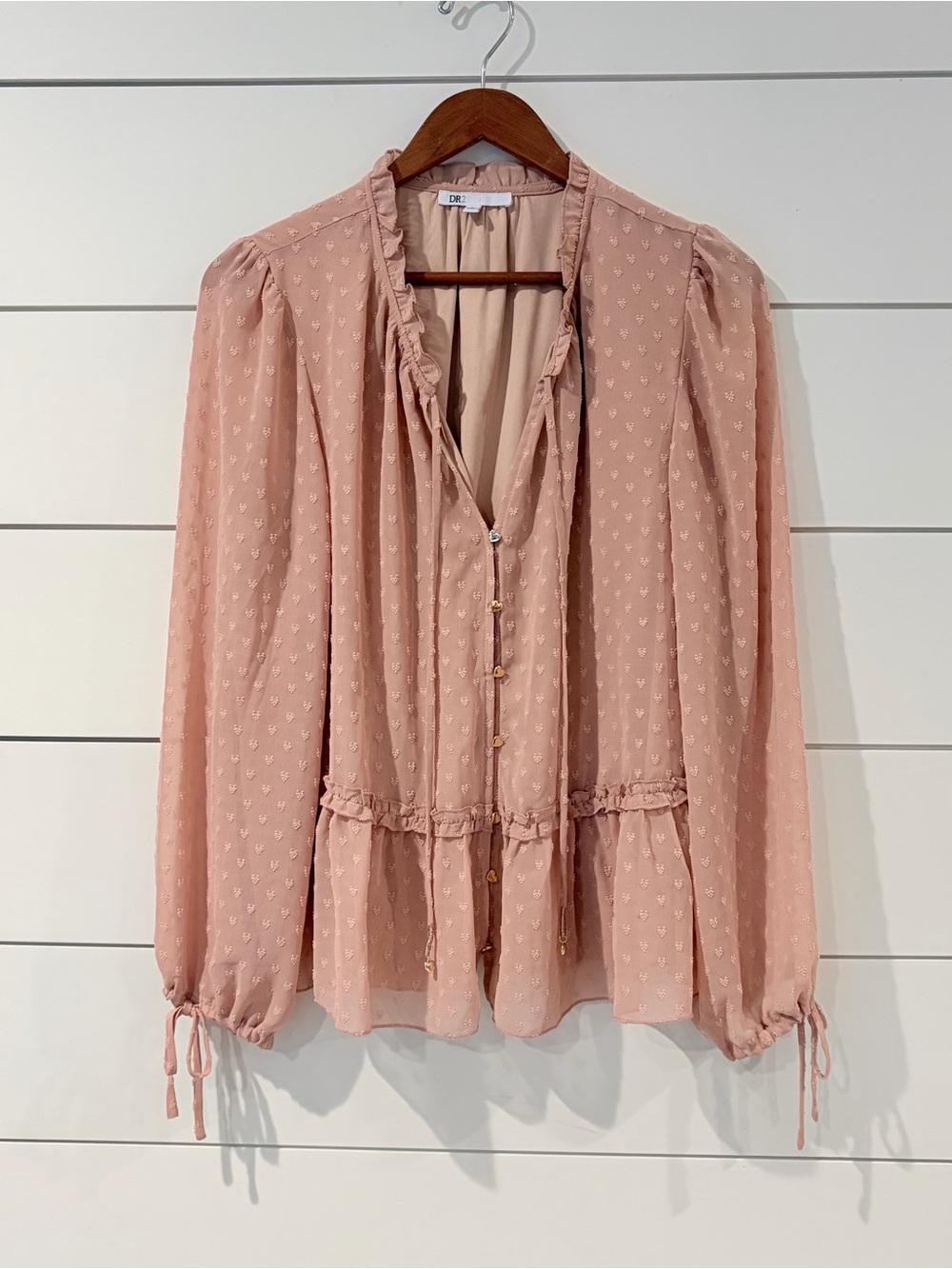 DR2 Blush Swiss Dot Peplum Blouse Coquettecore Romantic Cottagecore L